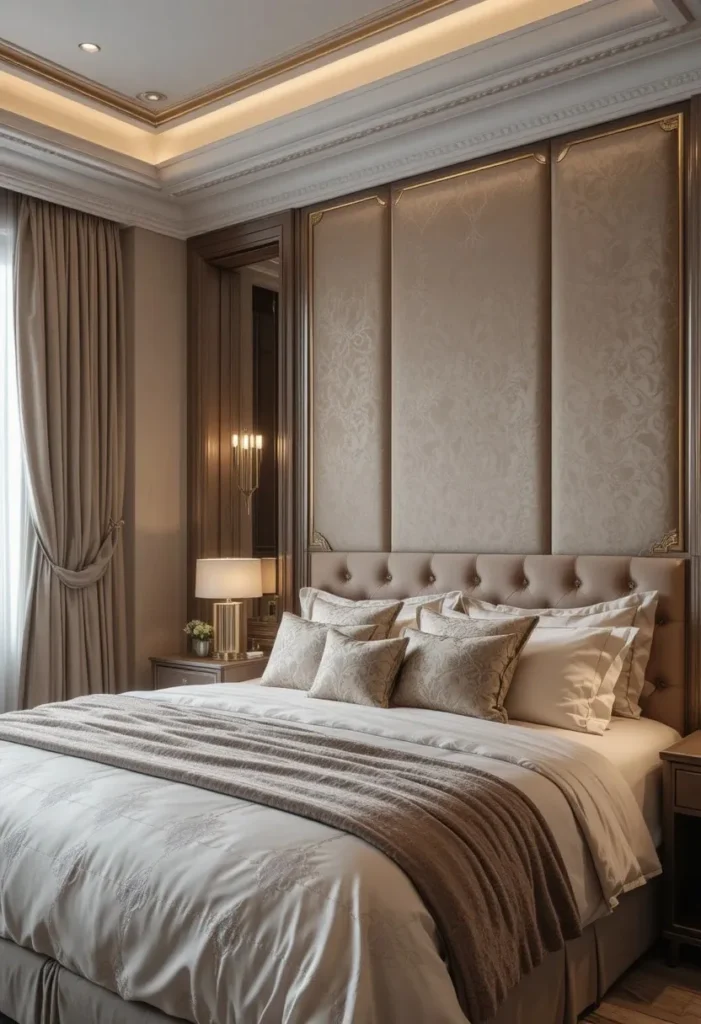 Fabric upholstered wall panels adding softness and luxury to a bedroom.
