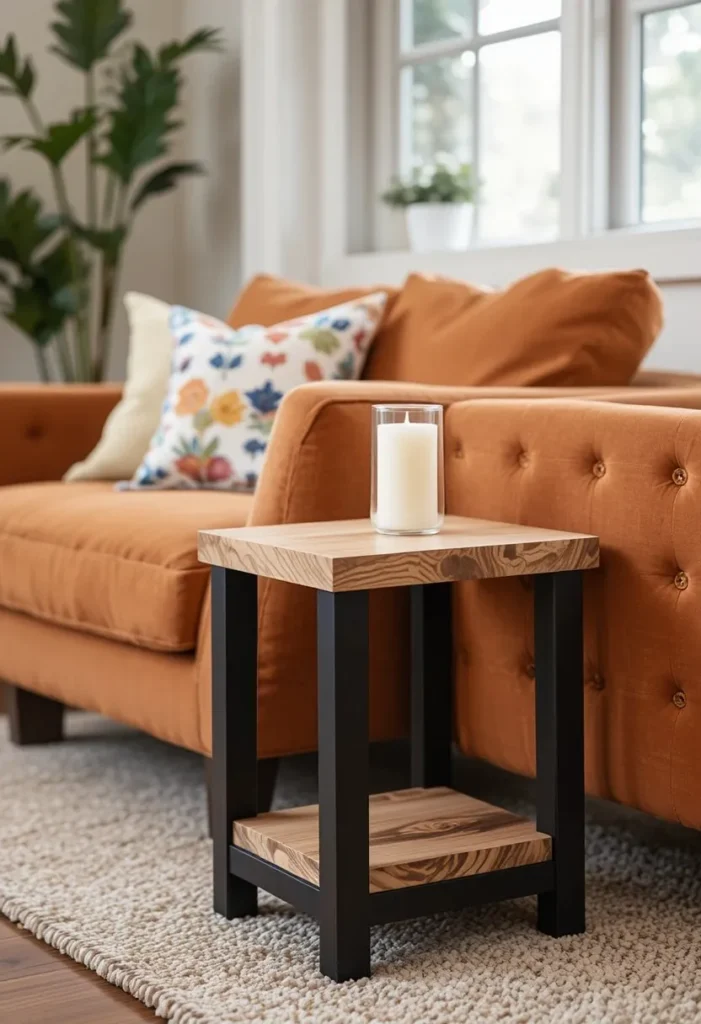 A DIY two tone side table with wood top and black legs beside a rust orange sofa with a white candle in a bright creative living room.