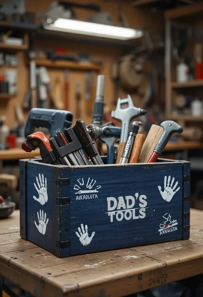 DIY toolbox organizer fathers day craft for kids painted navy blue with handprint decorations