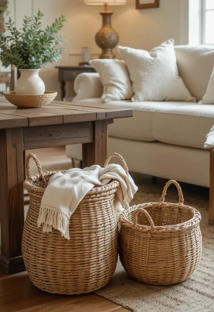 Farmhouse living room with woven seagrass baskets stacked on floor rattan side table and cream sofa in background