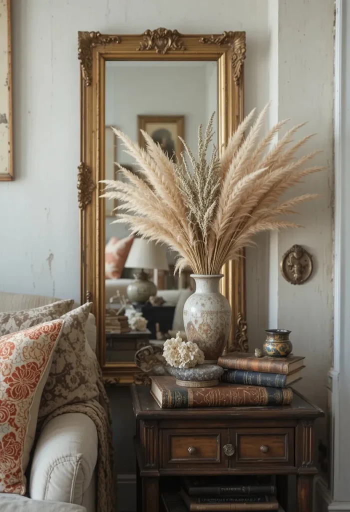 Boho living room vignette with vintage brass lamp gold framed mirror ceramic vase and dried pampas grass decor