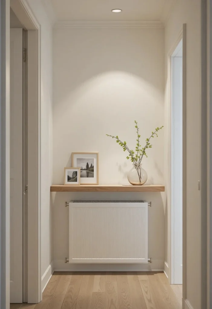 Floating shelf radiator cover in a hallway with styled decor items placed on top