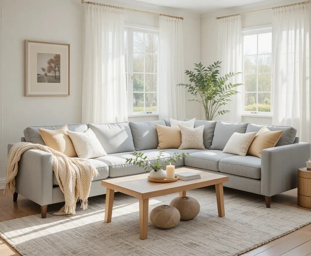 Grey couch living room ideas with warm natural light, cream pillows, and oak coffee table styling