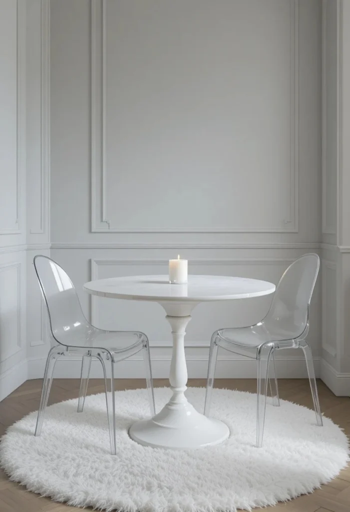 Clear acrylic ghost chairs around a marble dining table in a small dining room for a modern light and open look.