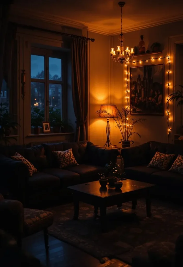 Black couch living room with warm cozy ambient lighting
