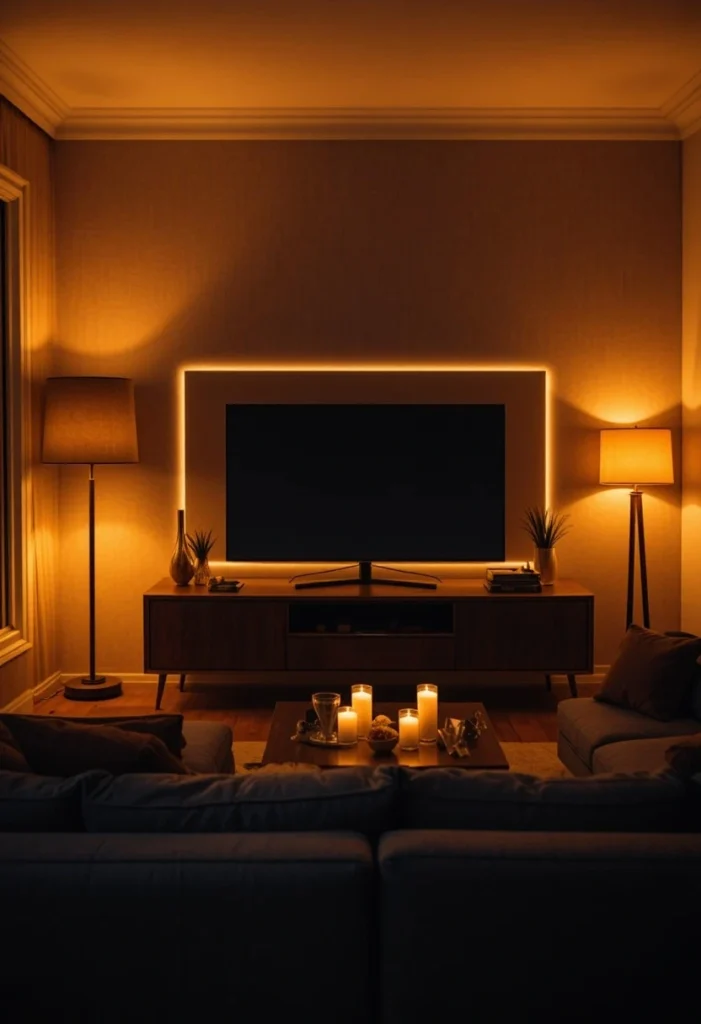 Cozy living room with layered lighting floor lamp table lamps and warm LED glow
