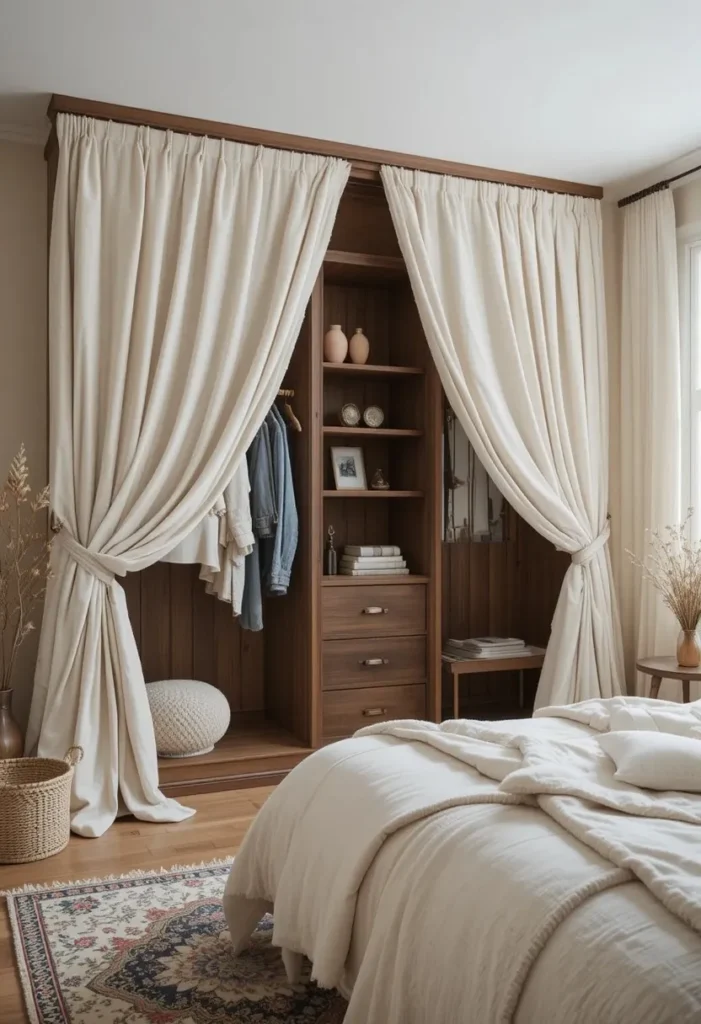 Open wardrobe hidden behind soft linen curtains in a cozy bedroom