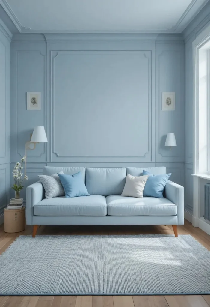 Small living room decorated in a soft dusty blue monochromatic color scheme with layered textures creating a calm and sophisticated look.