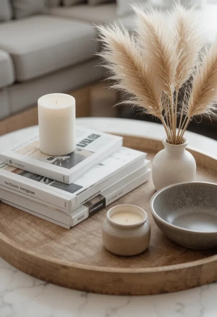 Styled marble coffee table with books candle ceramic vase and pampas grass on tray