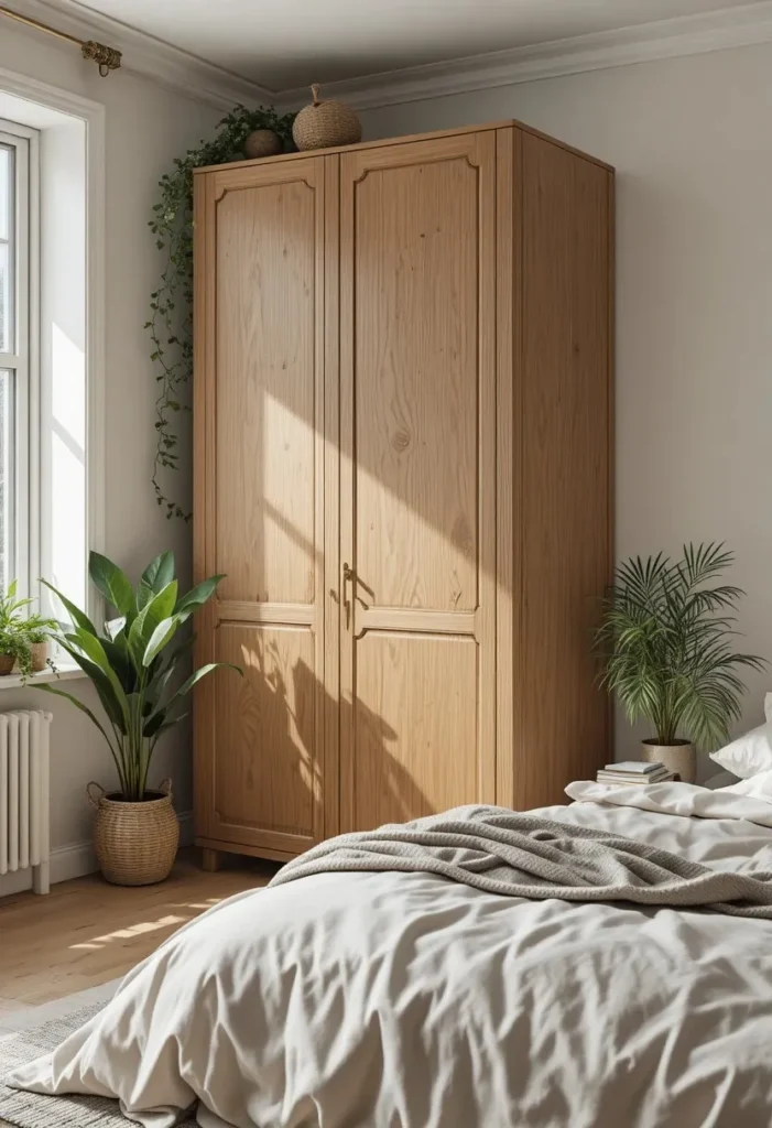 Wood-finish wardrobe in a warm Scandinavian-style bedroom
