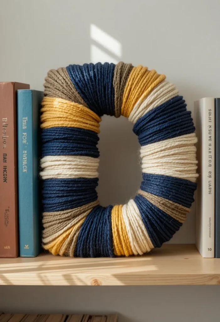 Yarn wrapped letter D fathers day craft for kids in navy cream and mustard yellow displayed on bookshelf