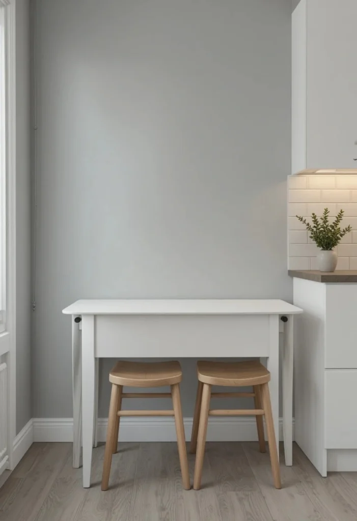 White drop-leaf table with folded panels against a grey kitchen wall with two wooden chairs tucked underneath