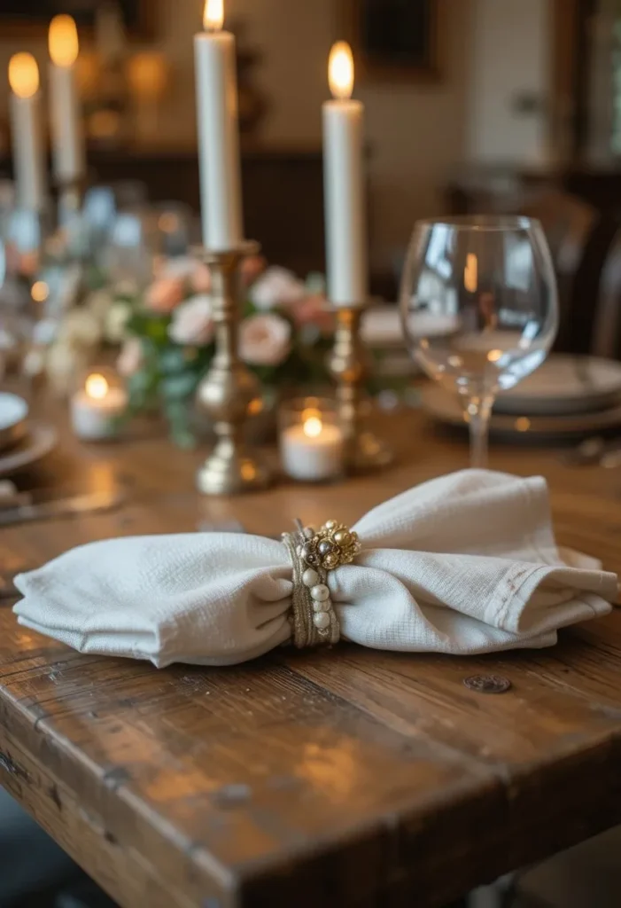 Elegant gold and silver pipe cleaner napkin rings holding cream linen napkins on a rustic wooden dinner table
