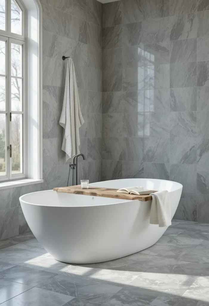Freestanding white soaking tub in a spa like bathroom with stone tiles wooden tray and natural window light
