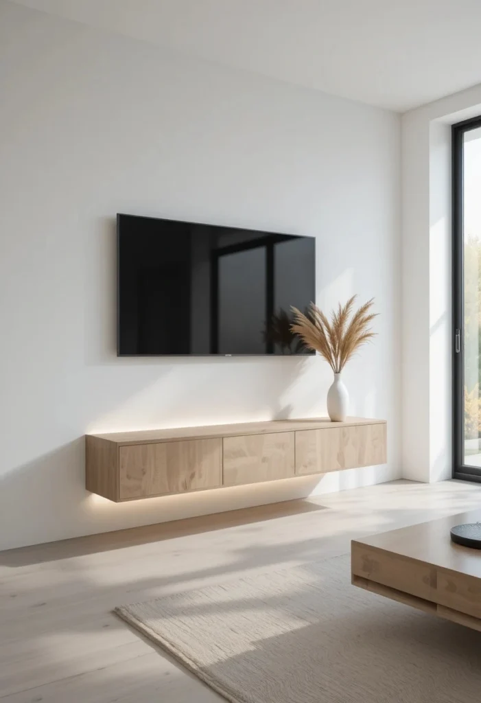 Sleek floating media console with LED underglow on white wall in a bright minimalist modern living room
