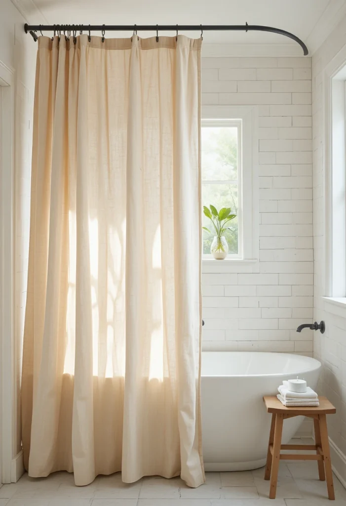 Natural linen shower curtain in warm ivory hanging from ceiling height rod in a bright spa like bathroom
