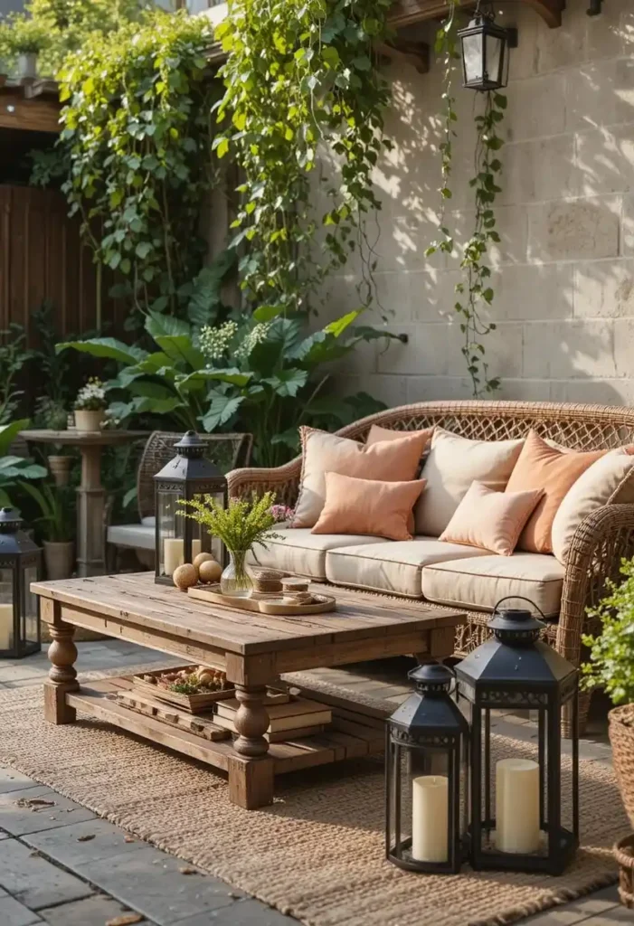 Layered patio decor with wicker sofa wooden coffee table metal lanterns jute rug and linen cushions