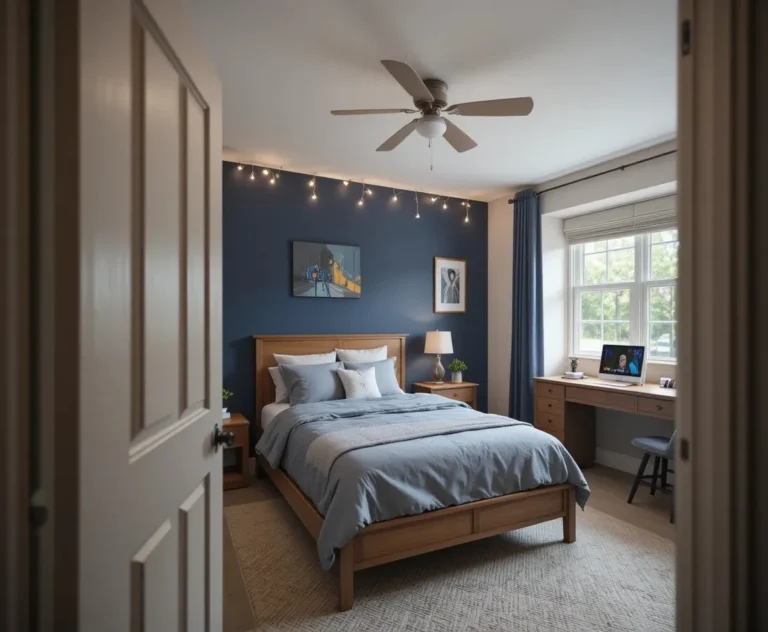 Teenage boy bedroom ideas showing a modern, cozy room with navy walls and warm lighting