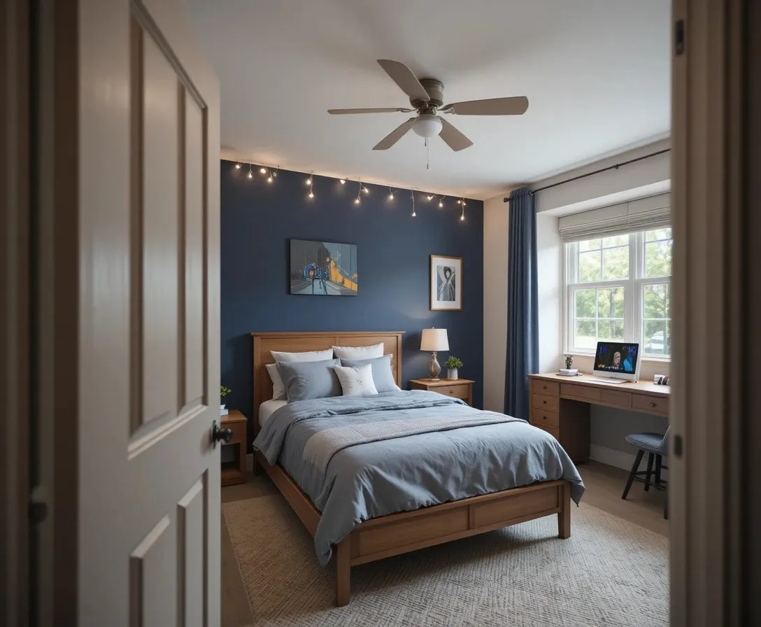 Teenage boy bedroom ideas showing a modern, cozy room with navy walls and warm lighting