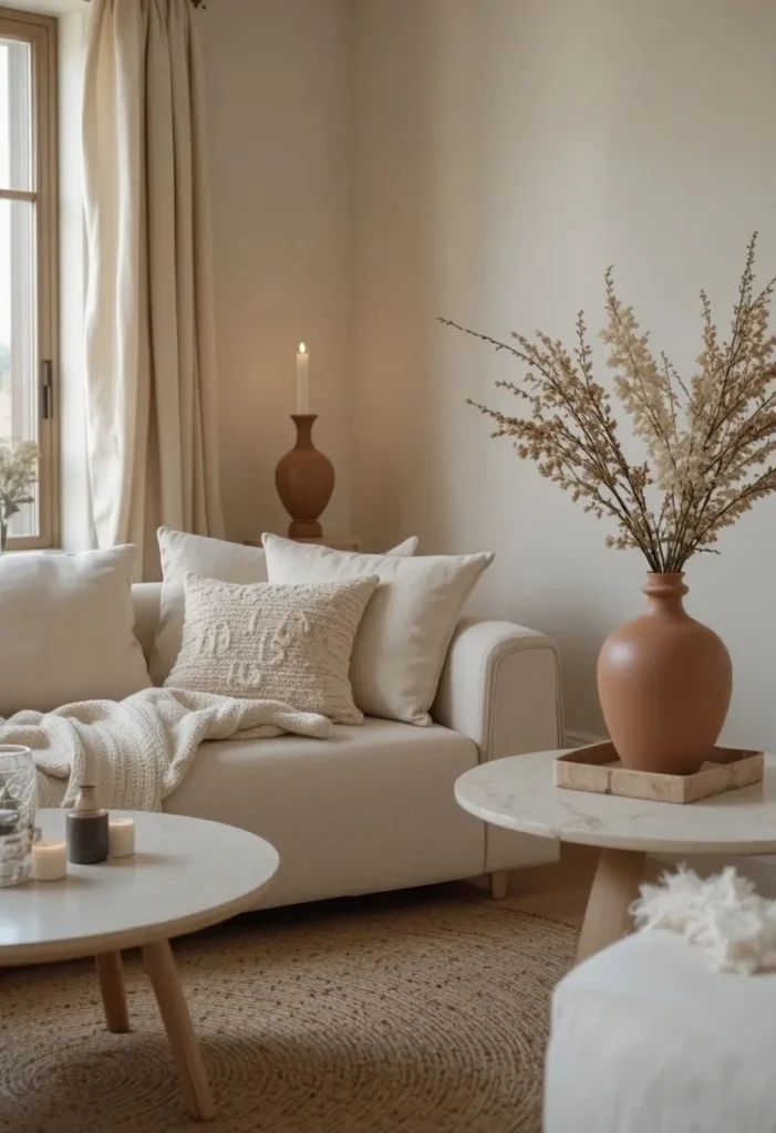 Tiny living room decorated in a warm monochromatic ivory and cream color scheme with layered textures showing how tonal decorating makes a small space feel sleek and larger.
