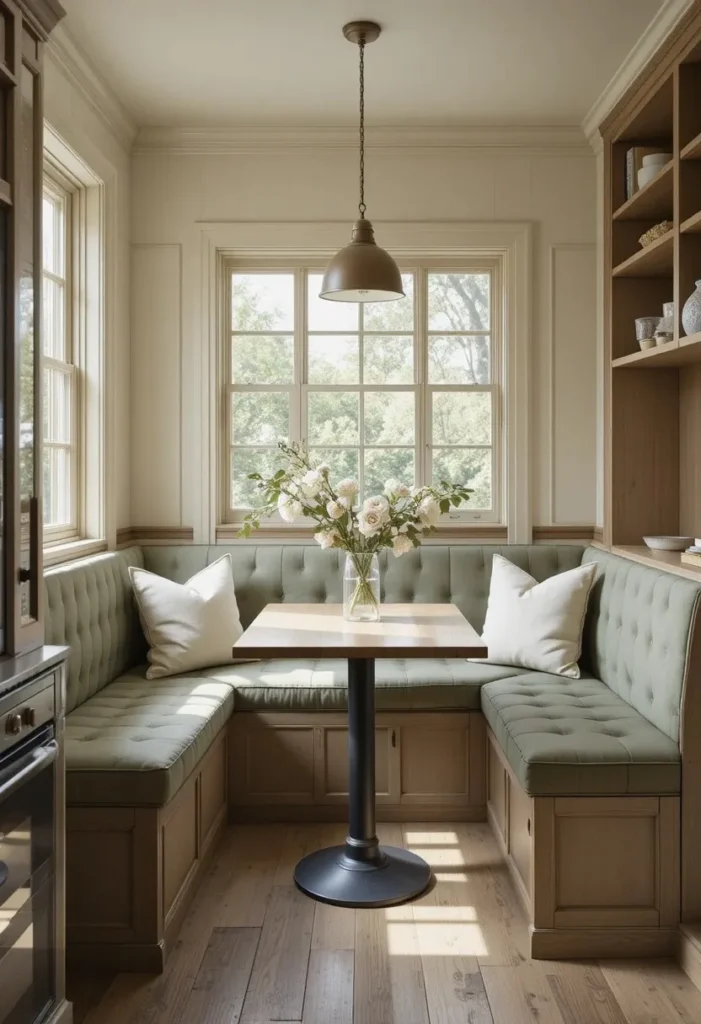 Cozy corner banquette with sage green cushions and a small oak table under a warm pendant light in a small kitchen
