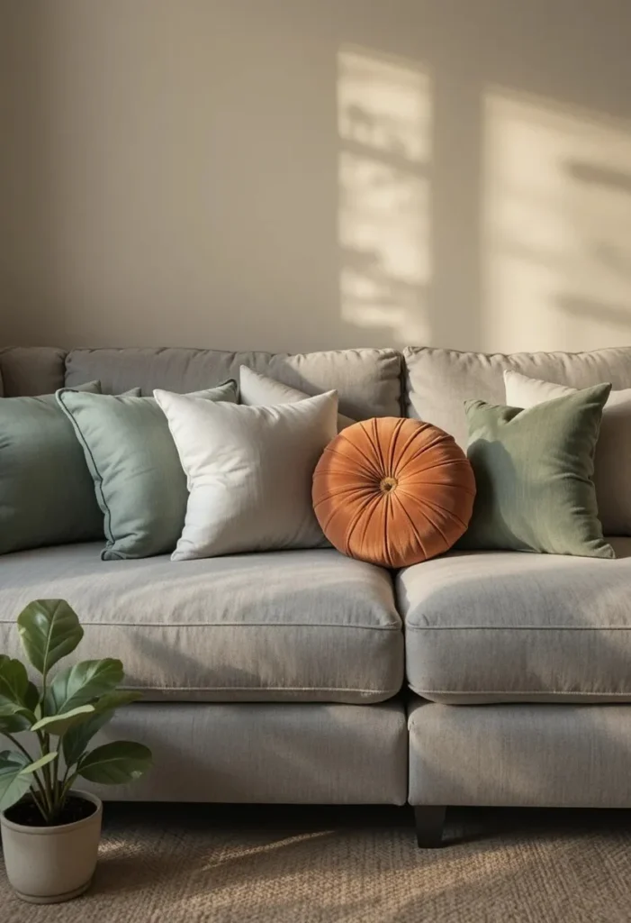 Grey couch styled with sage green velvet pillows terracotta accent and fiddle leaf fig plant beside sofa