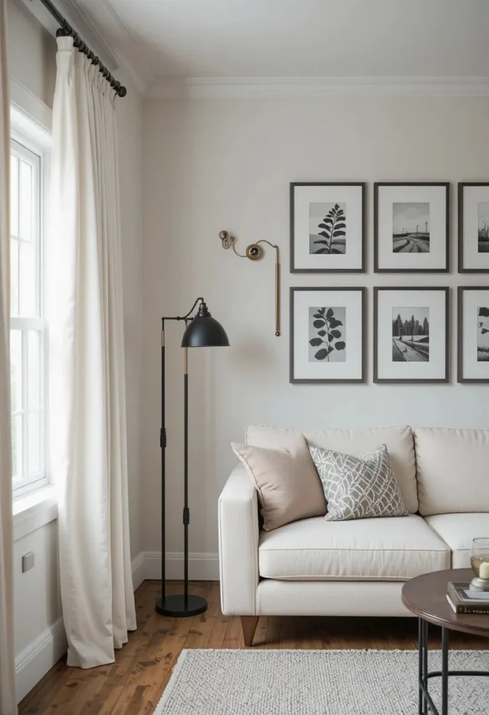 Modern farmhouse living room with matte black metal curtain rods floor lamp black framed gallery wall and cream sofa