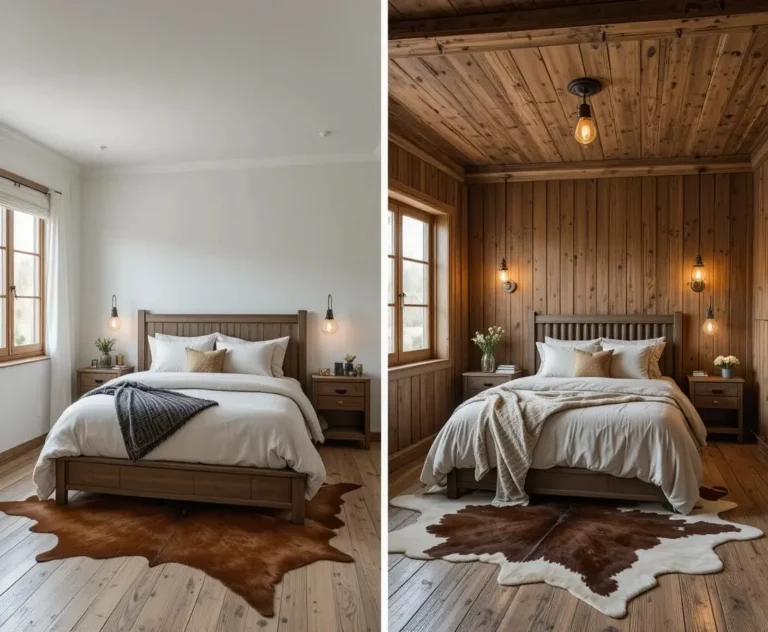 Bedroom transformation from plain modern style to warm western rustic design