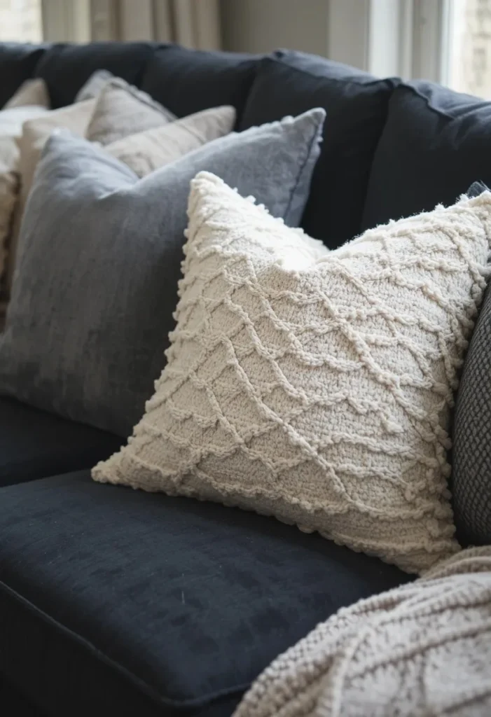 Black couch styled with mixed textured throw pillows
