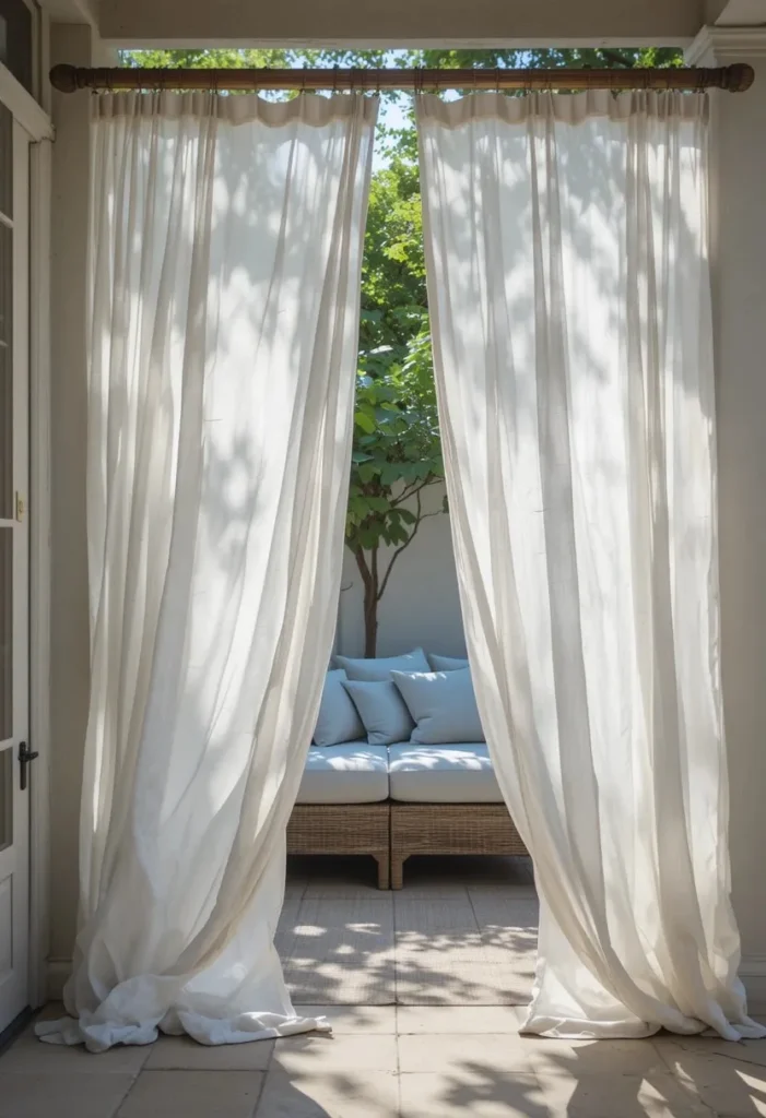 Elegant patio with flowing white linen outdoor curtains creating a private and airy outdoor living space
