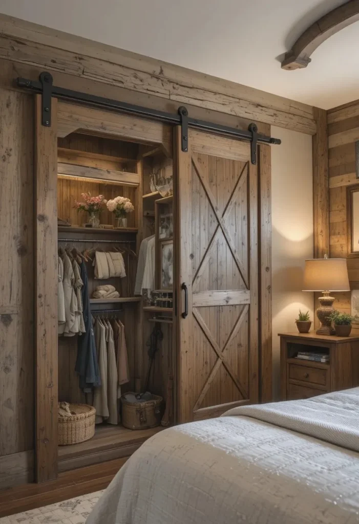 Sliding barn door closet in rustic western bedroom
