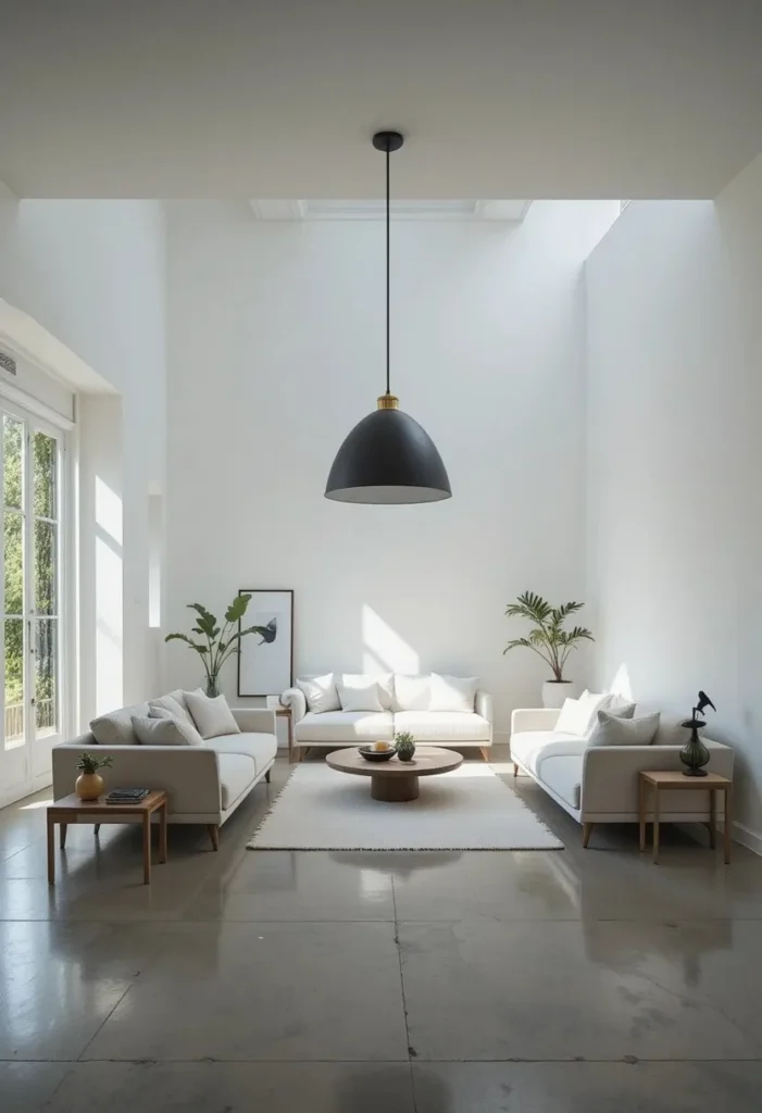Minimalist sunken living room with white walls concrete floors and low ivory linen seating under a black pendant light