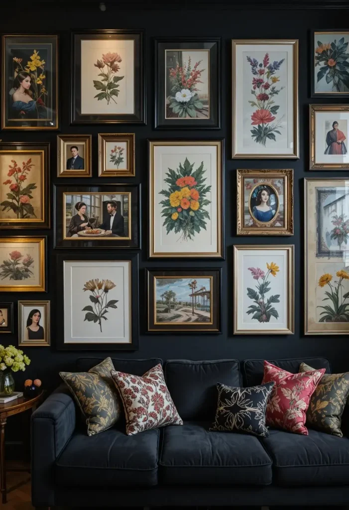 Black living room maximalist gallery wall with mixed frames art prints botanical illustrations and personal photos
