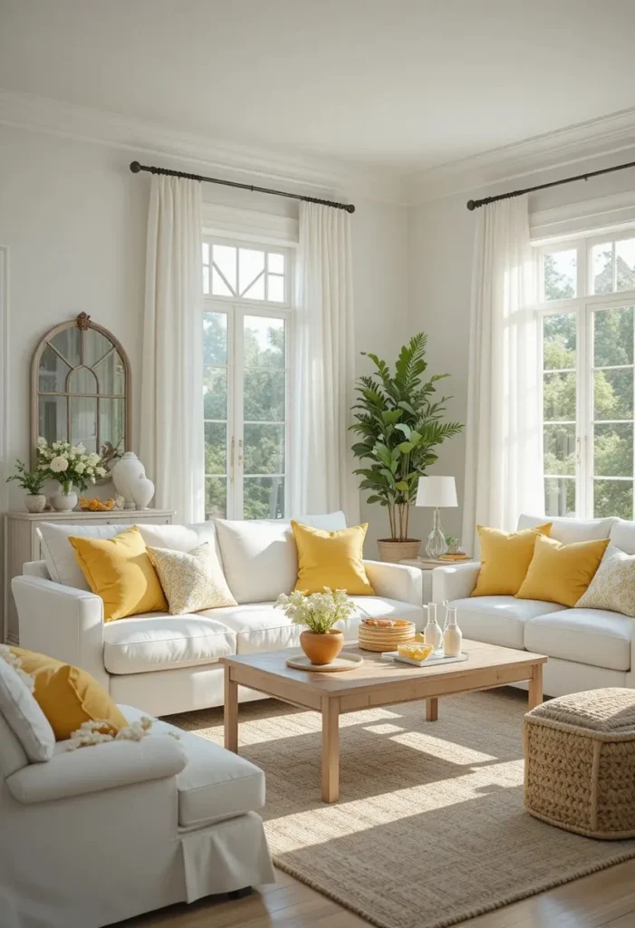 Bright yellow and white living room with white furniture and cheerful accents.
