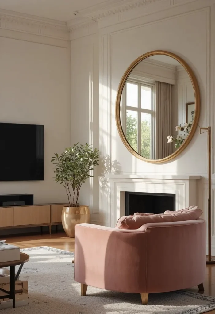 Large round gold mirror beside wall mounted TV in a bright elegant living room
