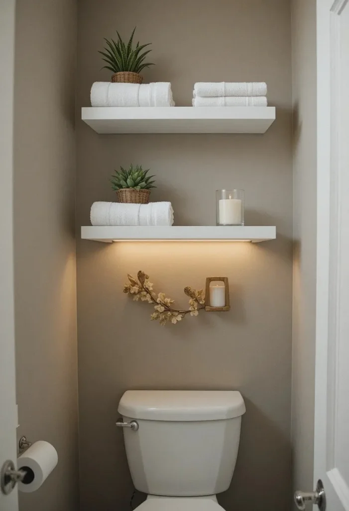 Vertical open shelves above toilet in small full bathroom styled with towels plants and woven baskets