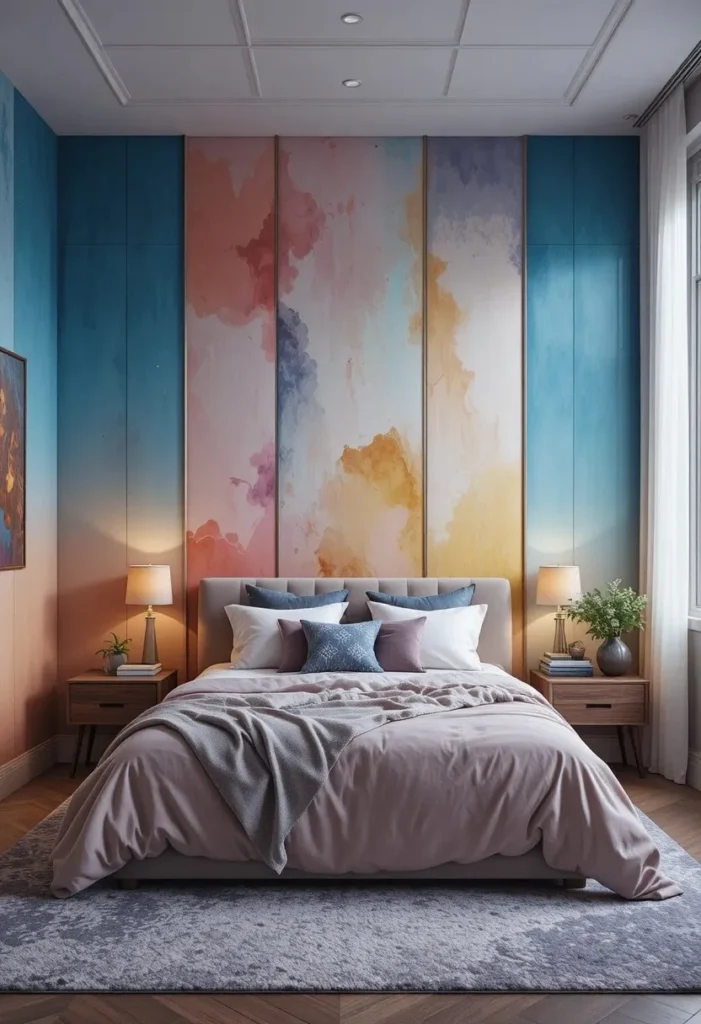 Ombre painted wall panels blending colors for a unique decorative effect.