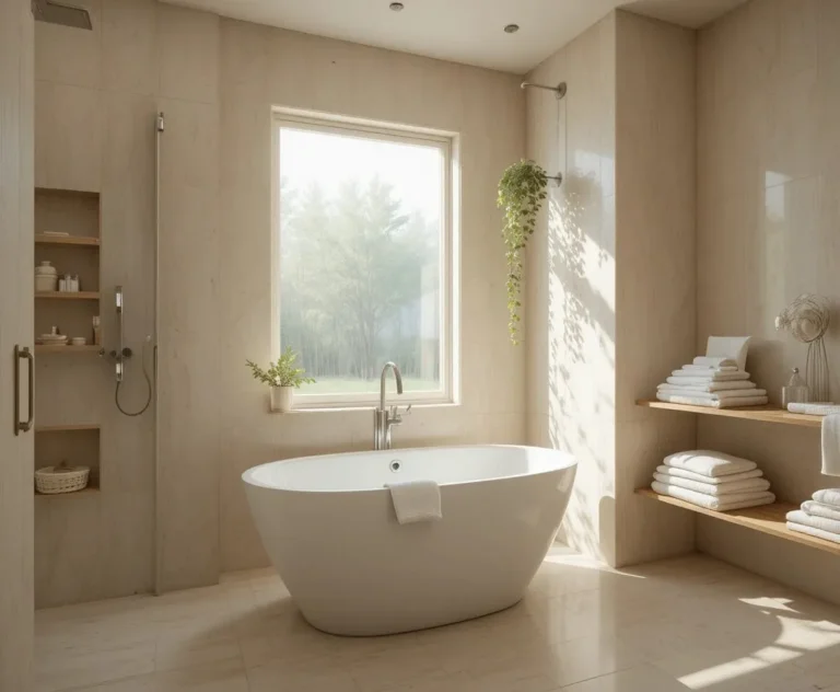 Spa like bathroom ideas with warm neutral tones, white soaking tub, eucalyptus stems and soft natural lighting