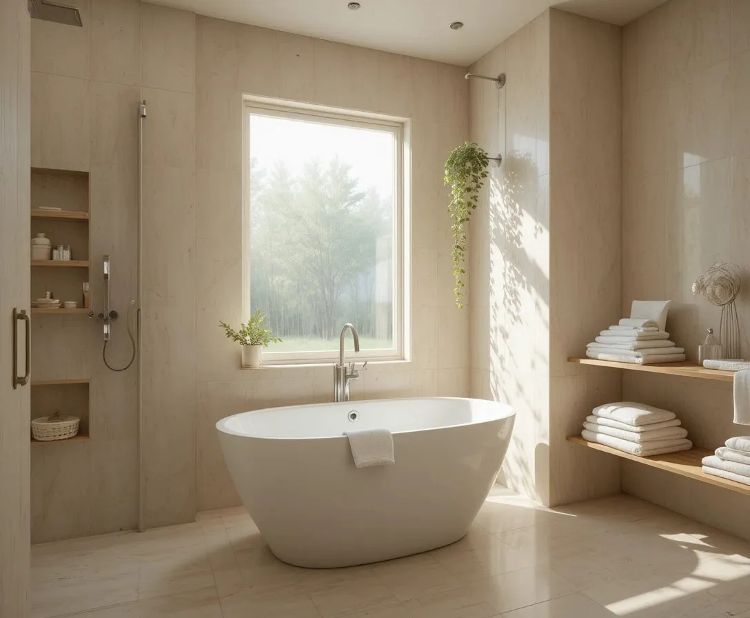 Spa like bathroom ideas with warm neutral tones, white soaking tub, eucalyptus stems and soft natural lighting