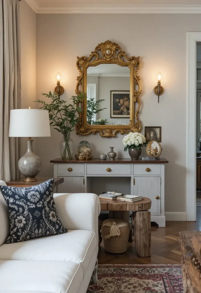 Eclectic living room mixing modern white sofa with vintage wooden table and antique mirror