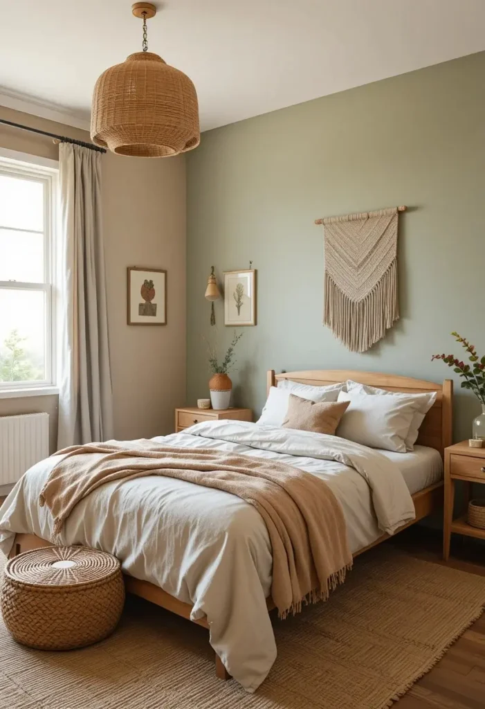 Earth tone teenage bedroom with terracotta walls and natural woven textures
