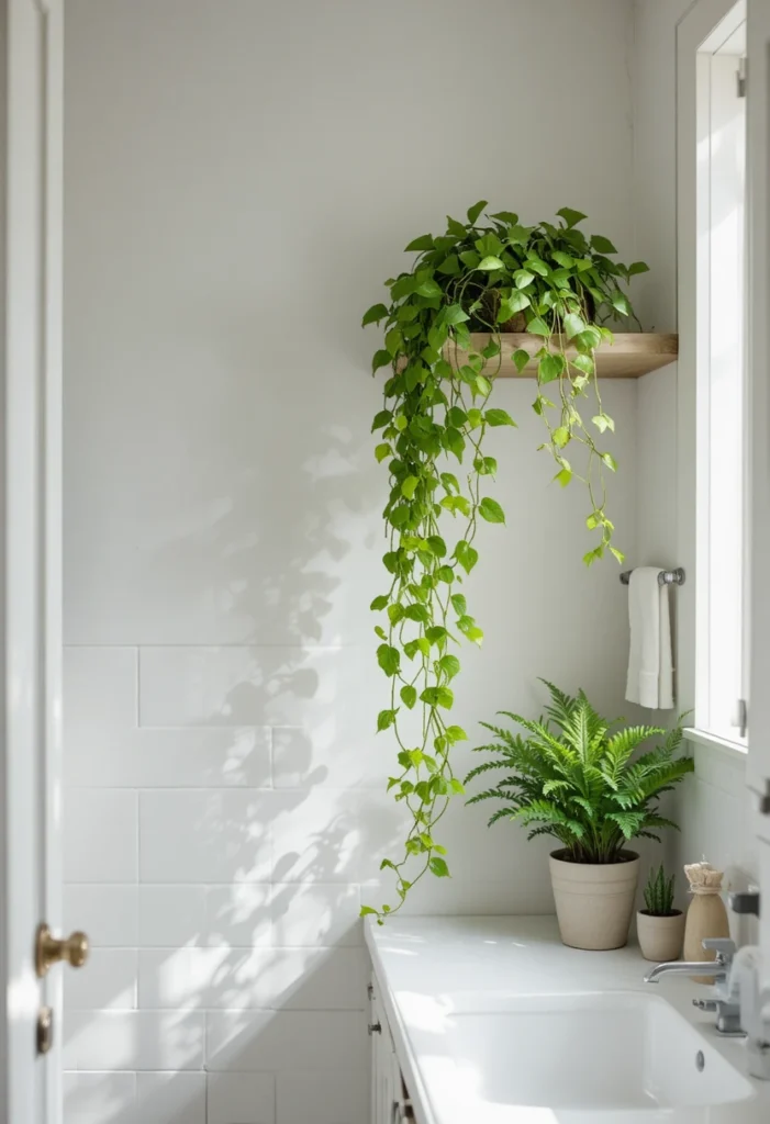 Small full bathroom decorated with pothos fern and cactus plants adding fresh green organic texture to white walls
