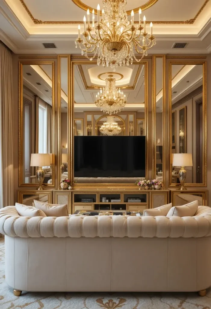 Glamorous gold framed mirrored panel TV wall reflecting warm chandelier light in a luxurious cream and gold living room