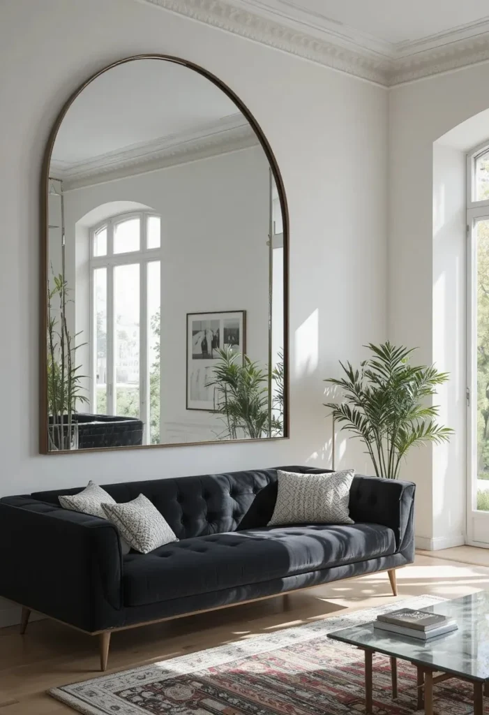 Black couch living room with a large statement mirror above it
