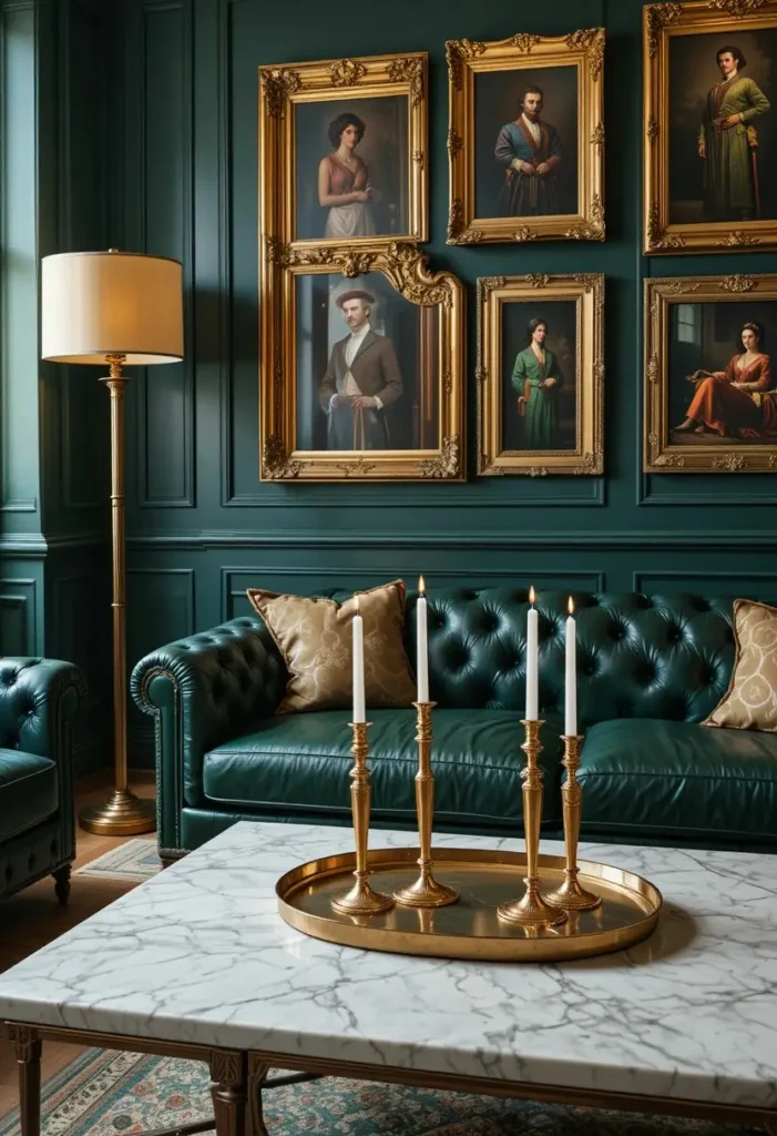 Green leather couch living room with brass floor lamp, gold frames, and metallic accents creating a luxurious elegant space
