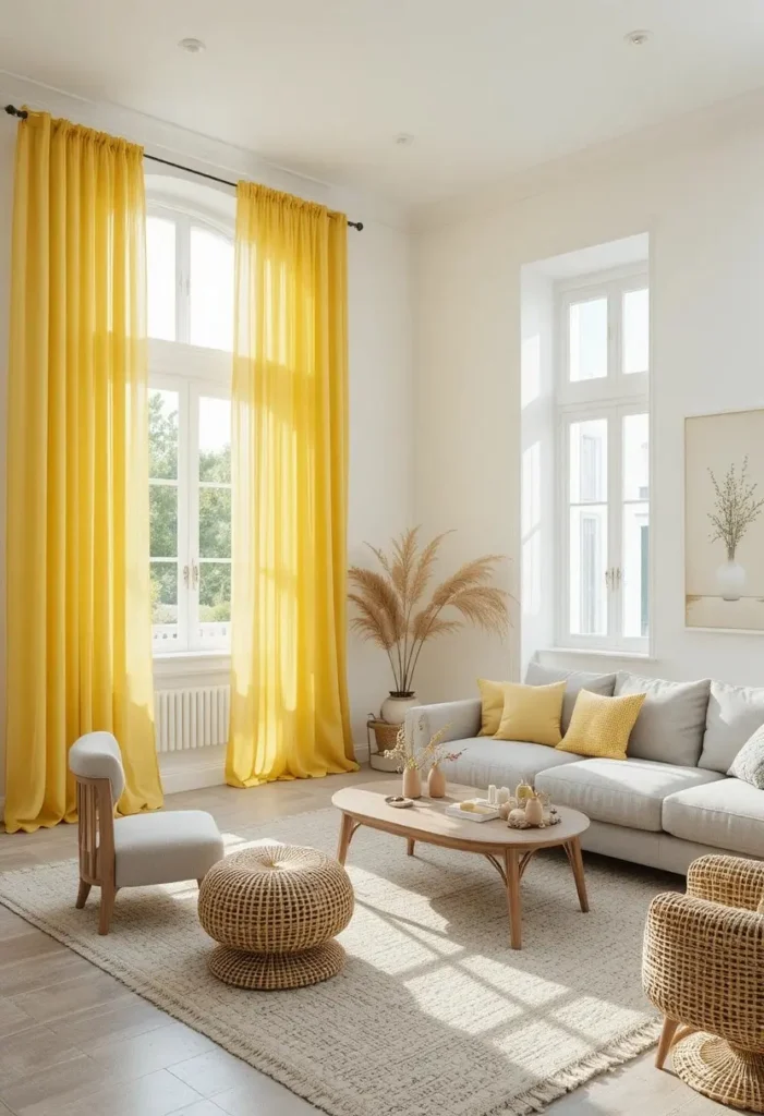 Lemon yellow curtains brightening a modern living room with natural light.
