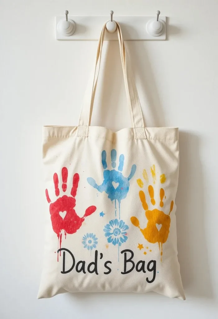 Personalized tote bag fathers day craft for kids with colorful handprints and Dads Bag written in marker