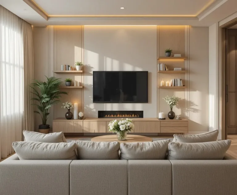 Living room tv wall ideas with floating shelves warm lighting and cozy neutral decor