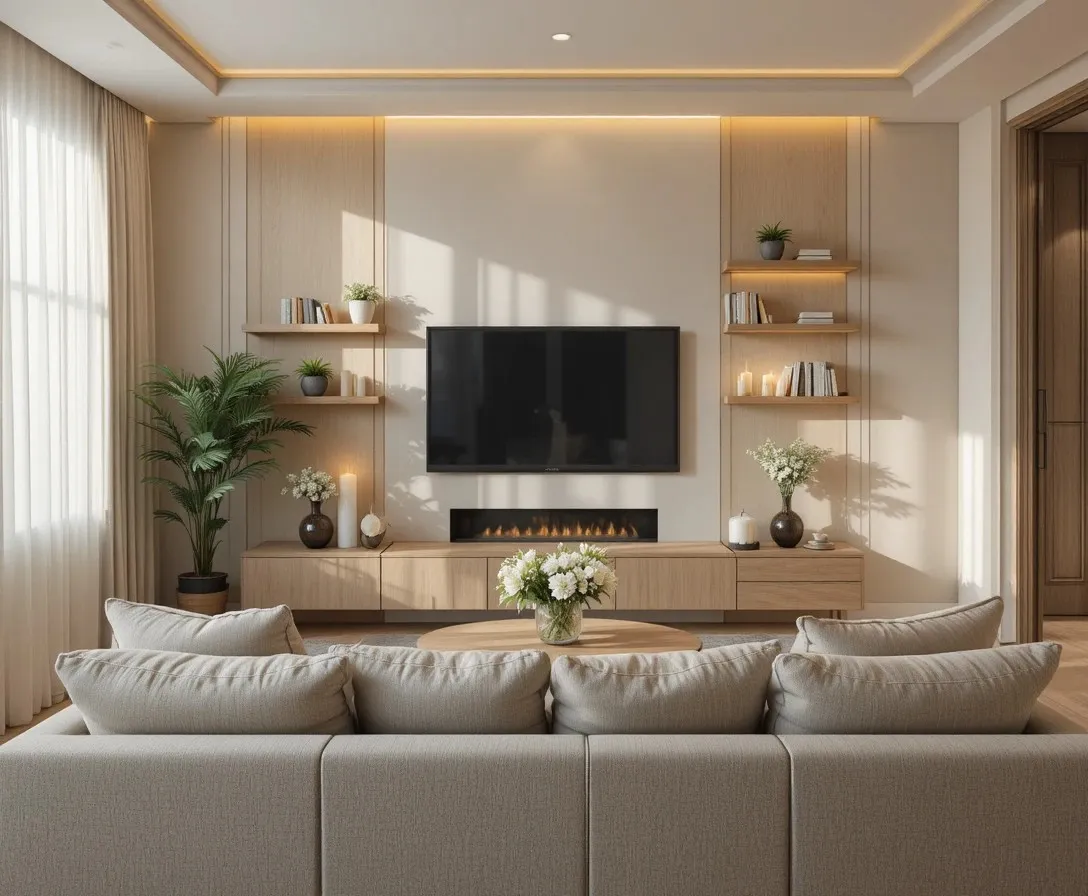 Living room tv wall ideas with floating shelves warm lighting and cozy neutral decor