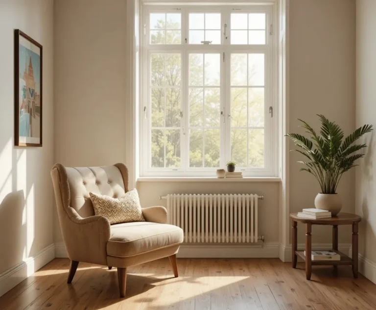 "A beautiful accent chair for living room placed near a sunlit window with warm neutral decor"